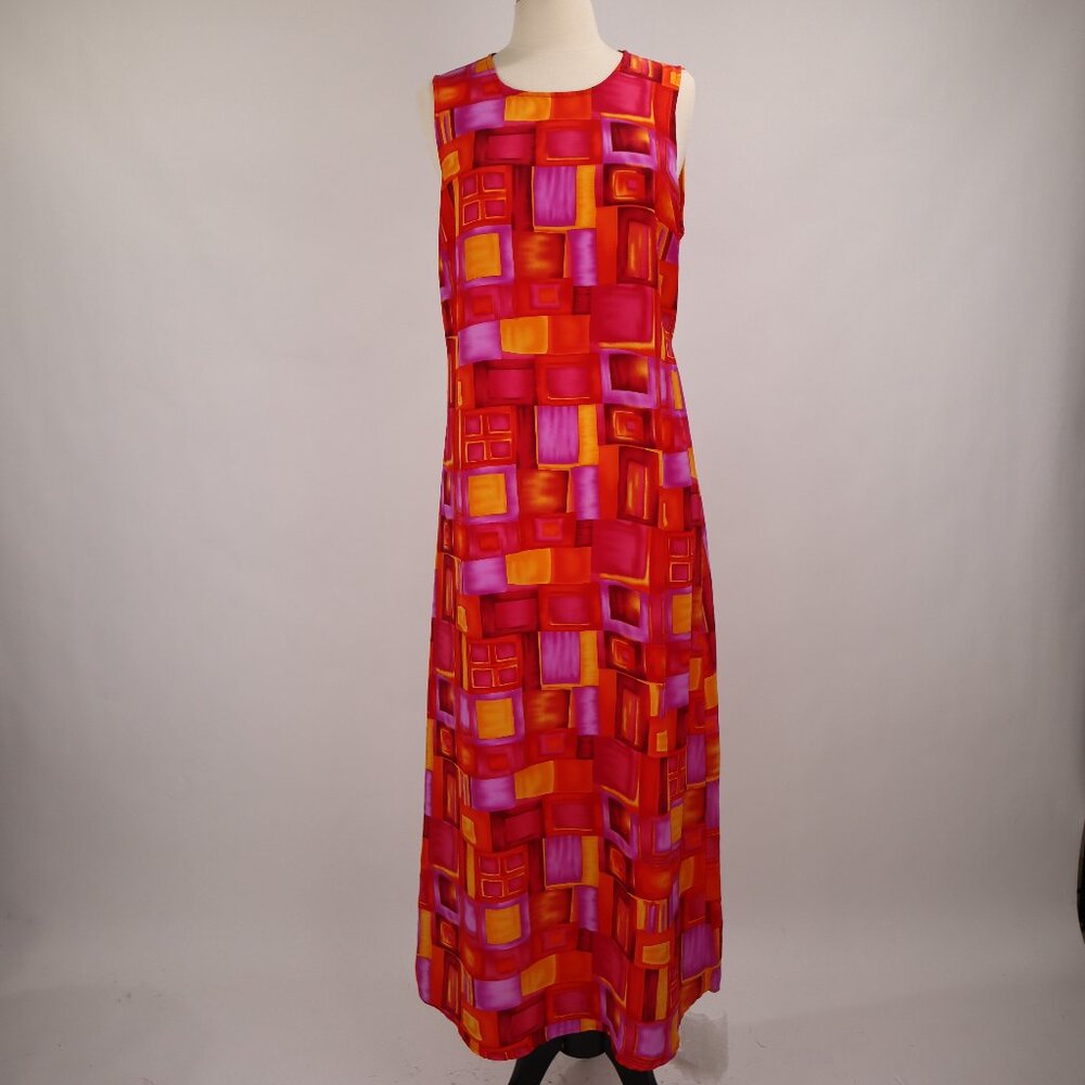 🌺 Vintage 80's Graphic Abstract Hawaiian Long Sleeveless Maxi Dress Caftan Slip - Picture 4 of 8